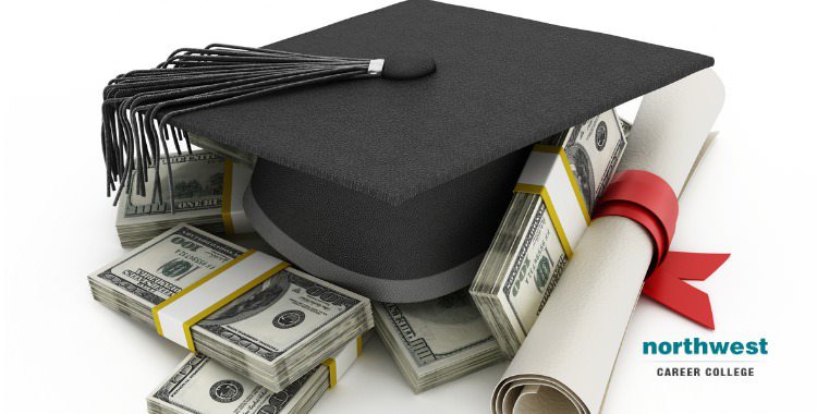 Graduation cap on top of piles of money next to education certificate.