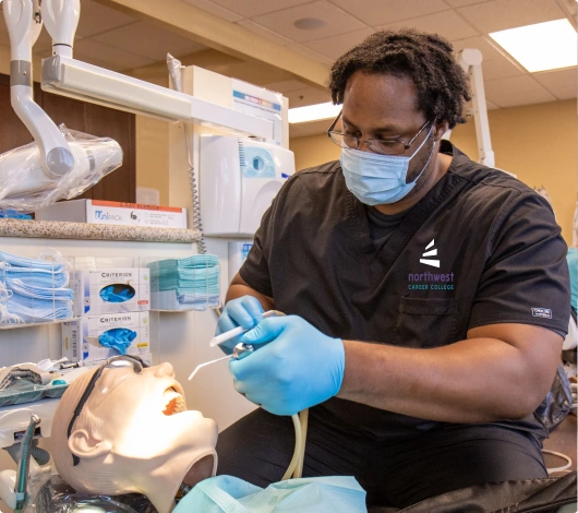 A student practices dental techniques on a mannequin in the Dental Assistant Program at Northwest Career College.