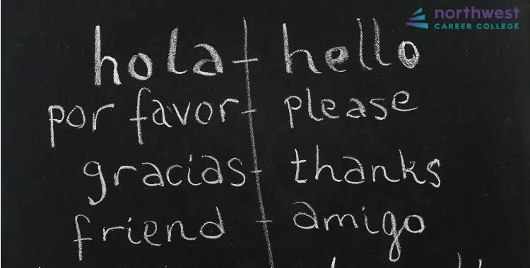 Chalkboard with Spanish and English phrases, illustrating ESL vs. ELL language learning concepts.