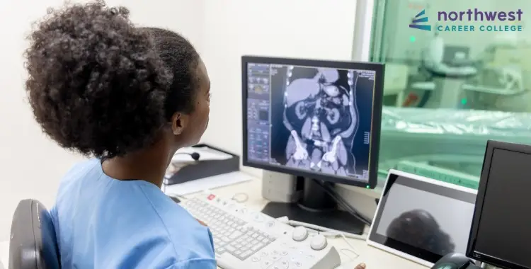 A radiography technician analyzes a CT scan on a computer screen in a medical setting.