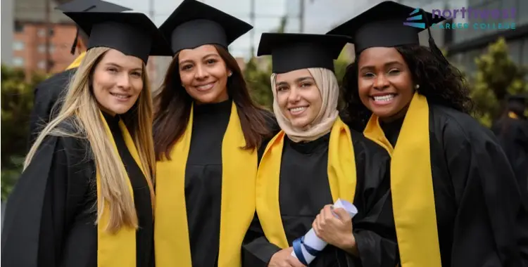 Four graduates in caps and gowns smile together, celebrating careers for Criminal Justice Professional Graduates.