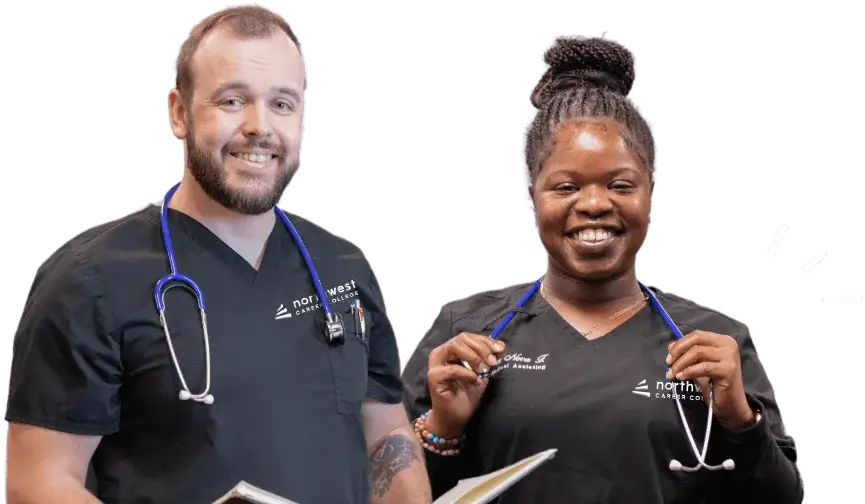 Two smiling medical assistants in scrubs, showcasing their training from Medical Assistant School at Northwest Career.