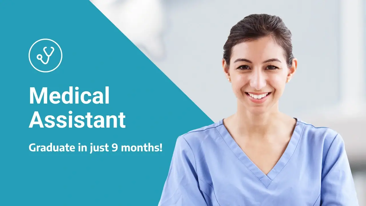 Smiling woman in scrubs promoting Medical Assistant School Las Vegas, with a message to graduate in just 9 months.