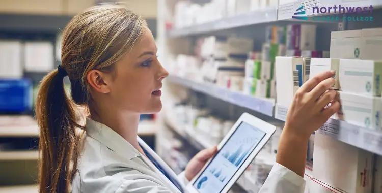 A pharmacy technician reviews medication while comparing License vs. Certification of Pharmacy Tech on a tablet.