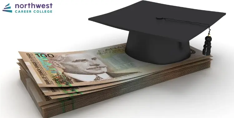 A graduation cap sits atop stacks of money, highlighting How Much Do Trade Schools Cost Compared To Traditional Colleges.