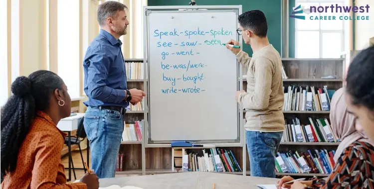 A teacher guides students in English verbs, highlighting how ESL improves my career hunt in English-speaking countries.