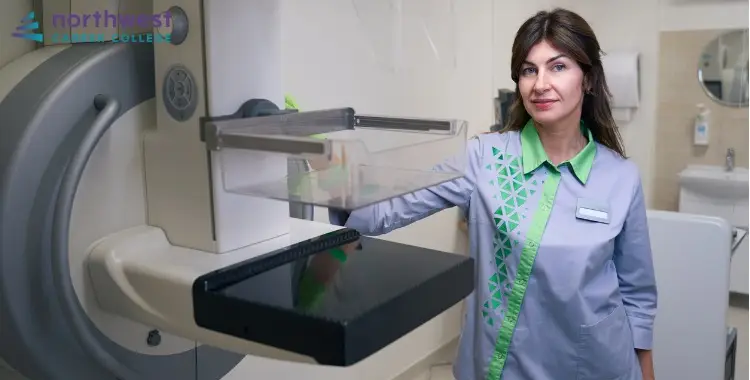 A Radiography Technologist stands beside imaging equipment, ready to assist in patient care.