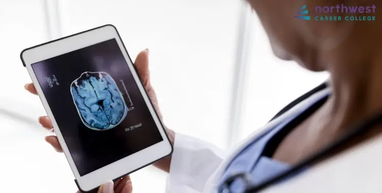 A radiography technician reviews a brain scan on a tablet, highlighting helpful apps for radiography technicians.