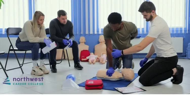 Students practicing CPR techniques on a dummy, following CPR Guidelines in a training session.