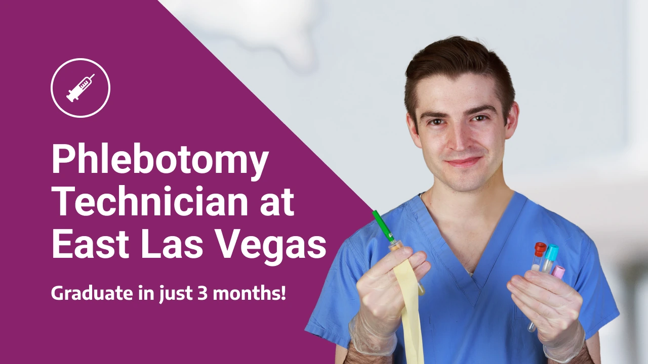 Smiling male in scrubs holds phlebotomy supplies, promoting Phlebotomy Technician Classes in East Las Vegas.