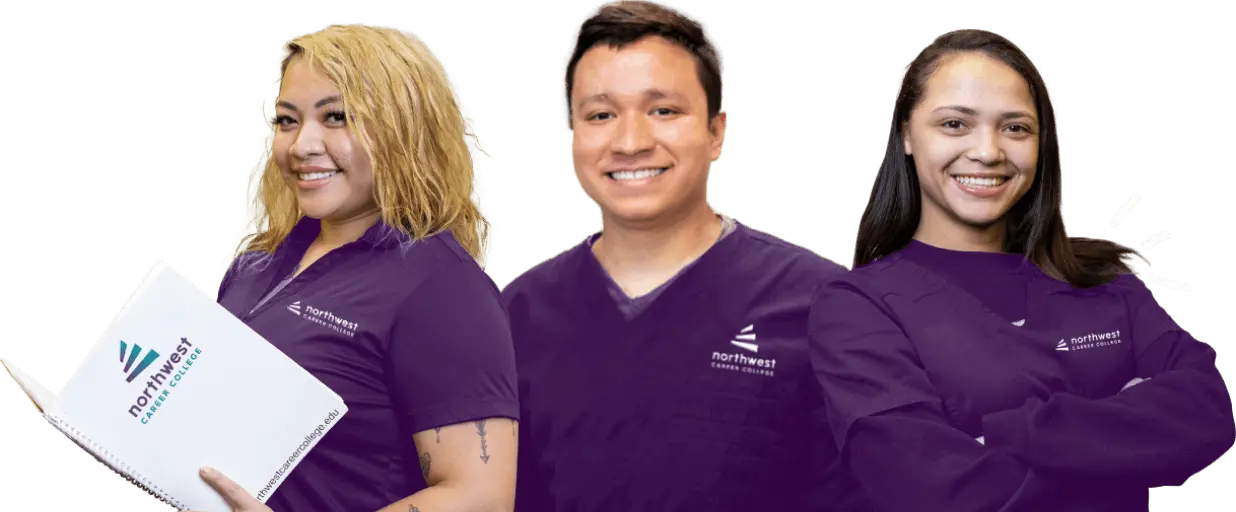 Three students in purple scrubs from Northwest Career College, promoting trade school in Las Vegas.