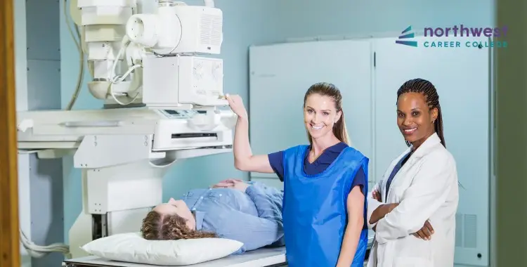 Two healthcare professionals assist a patient during an imaging procedure. When to use imaging is crucial for diagnosis.